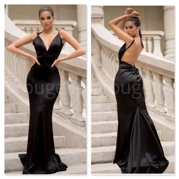 Rouge! Dresses & Skirts - Black Deep V Neck Backless Ruched Long Slip Sheath Dress Evening Gown Prom